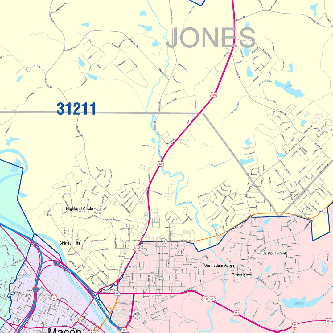 Color Cast Zip Code Style Wall Map of Macon, GA