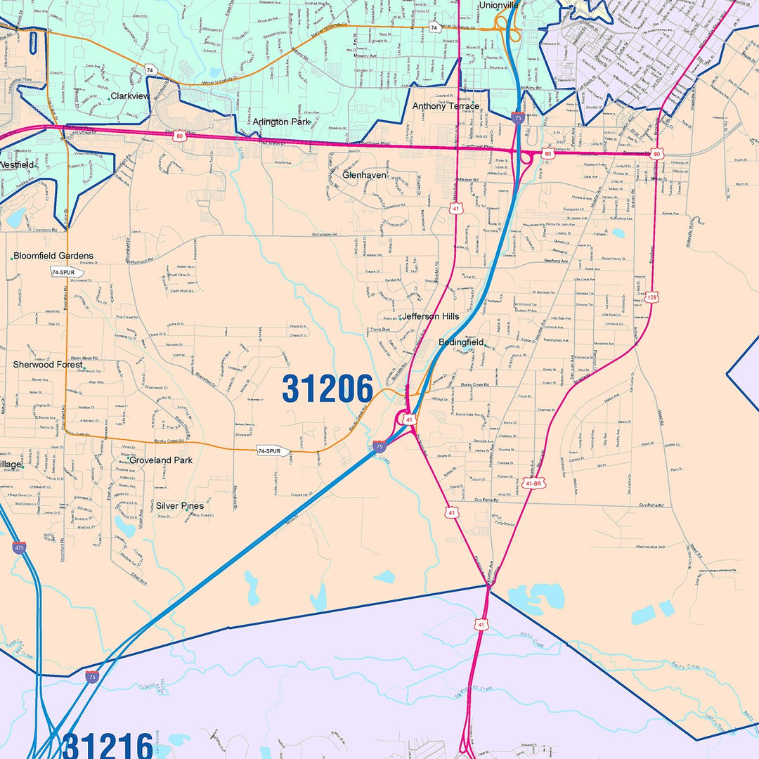 Color Cast Zip Code Style Wall Map of Macon, GA