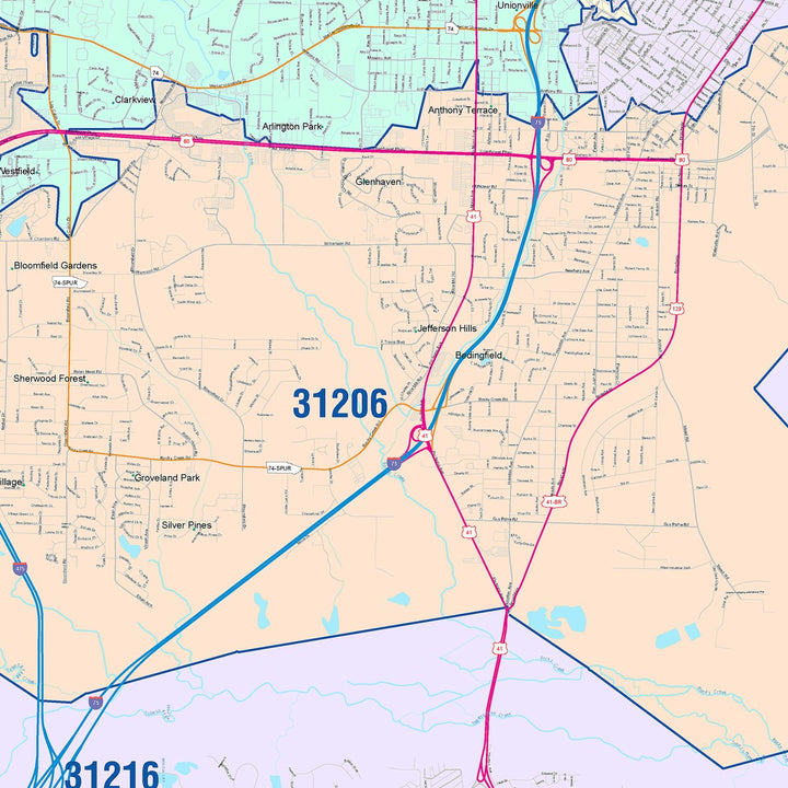 Color Cast Zip Code Style Wall Map of Macon, GA