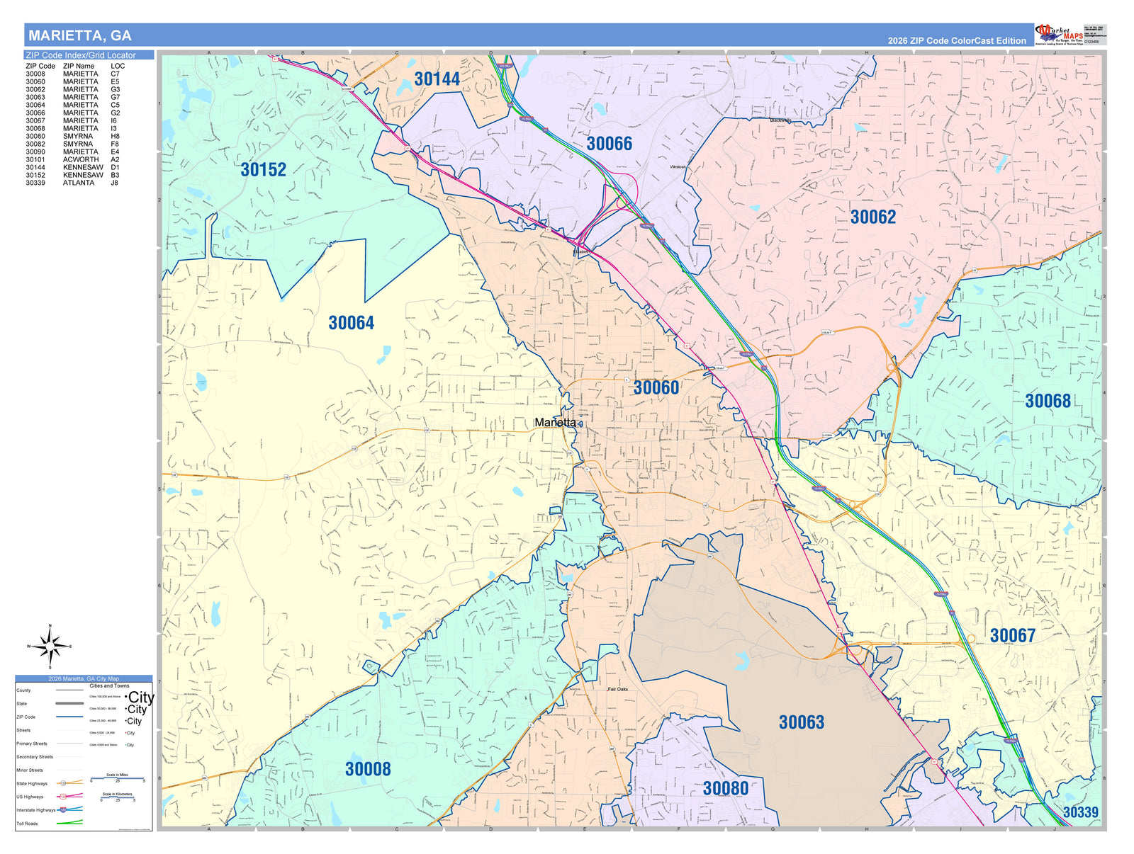 Color Cast Zip Code Style Wall Map of Marietta, GA
