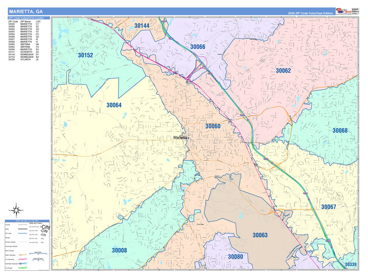 Color Cast Zip Code Style Wall Map of Marietta, GA