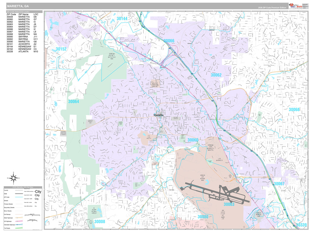 Premium Style Wall Map of Marietta, GA