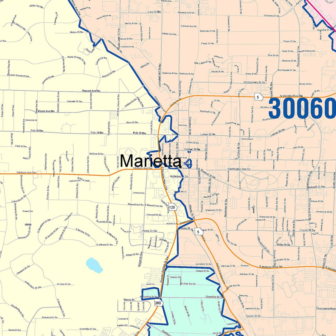Color Cast Zip Code Style Wall Map of Marietta, GA