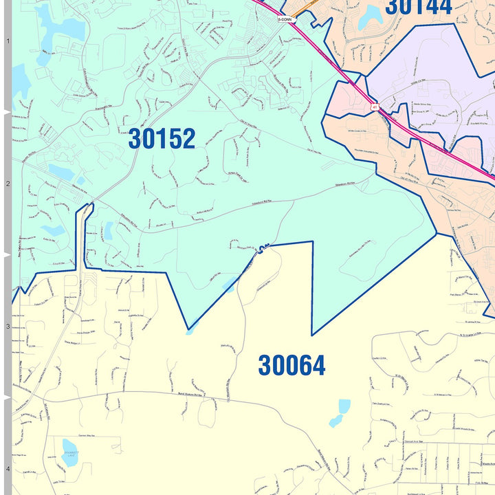 Color Cast Zip Code Style Wall Map of Marietta, GA