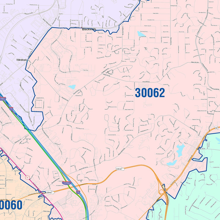 Color Cast Zip Code Style Wall Map of Marietta, GA