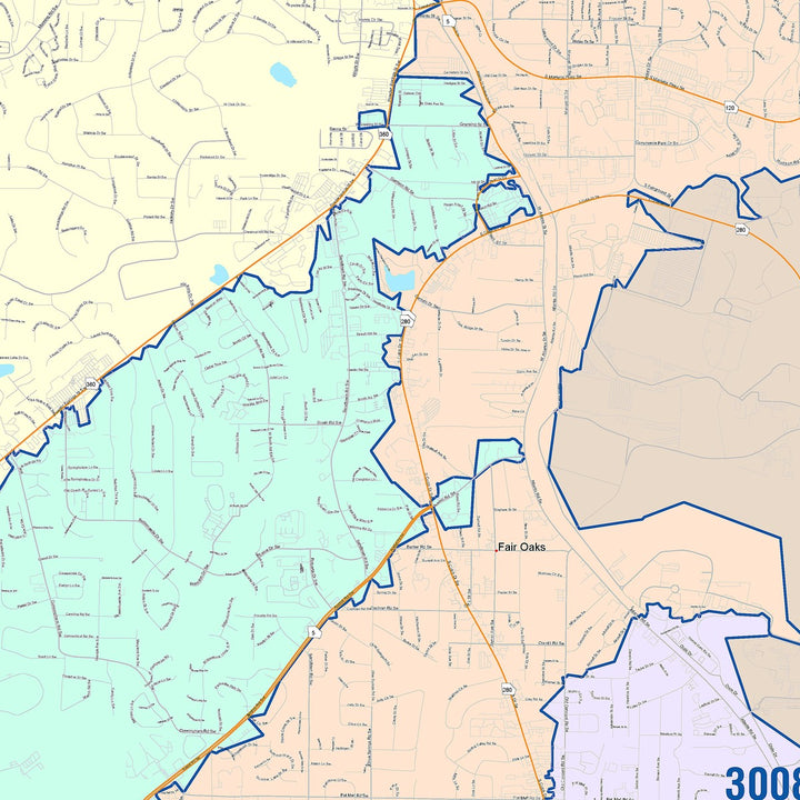 Color Cast Zip Code Style Wall Map of Marietta, GA