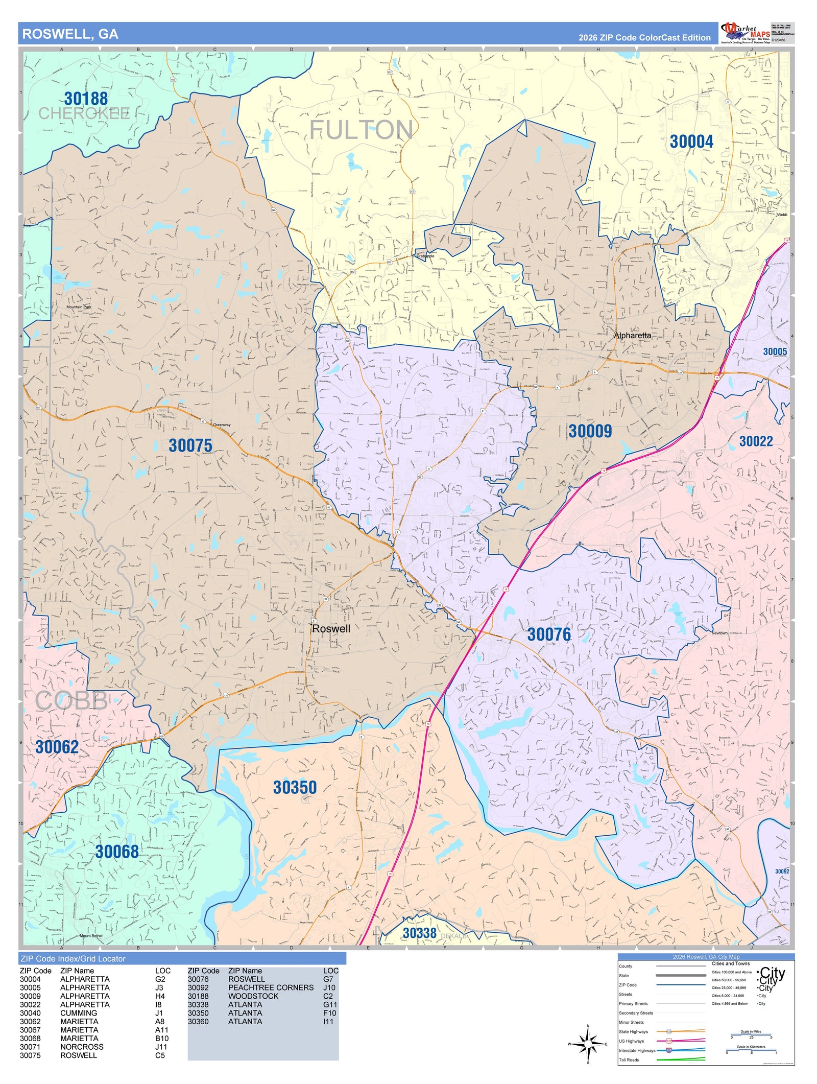 Color Cast Zip Code Style Wall Map of Roswell, GA