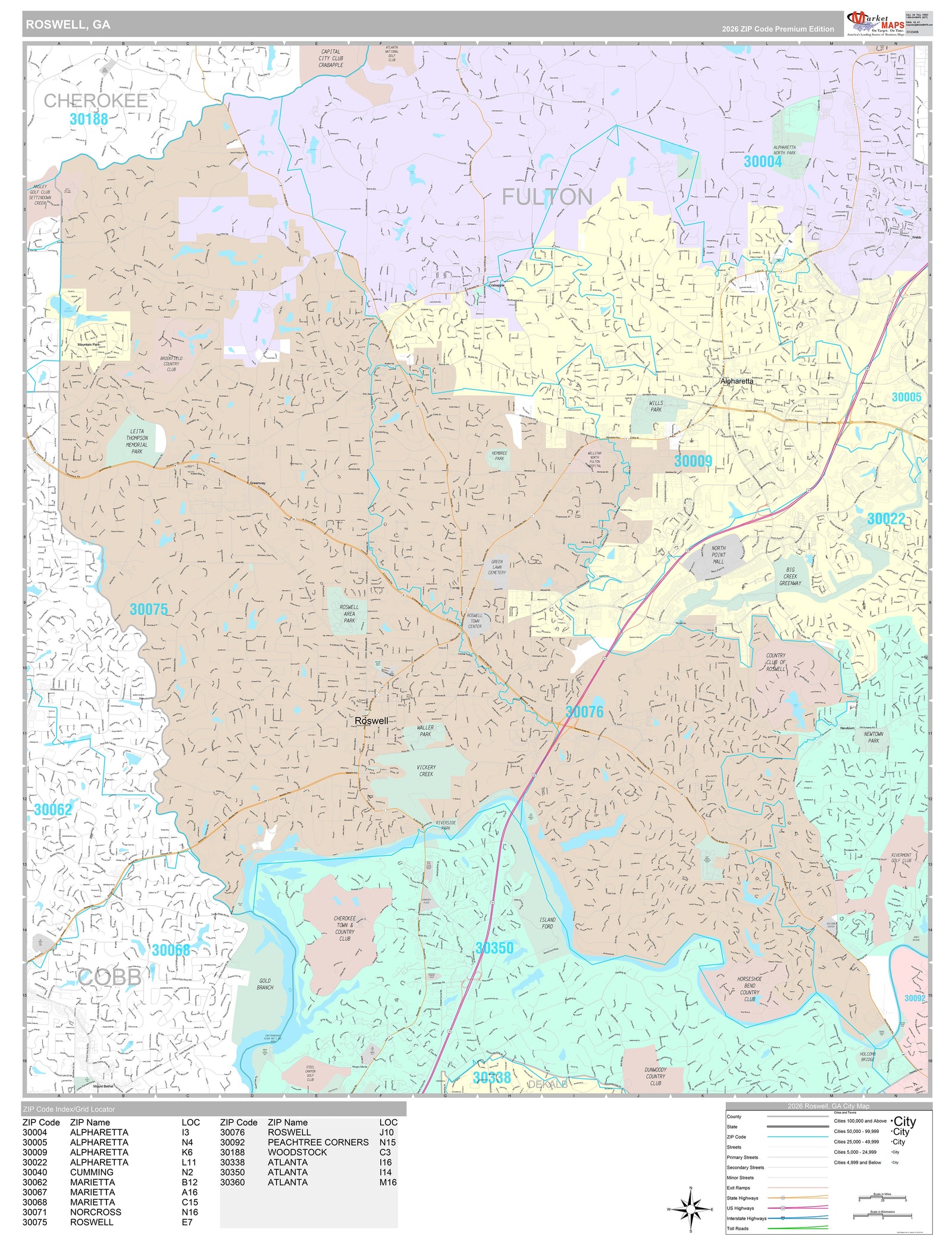 Premium Style Wall Map of Roswell, GA