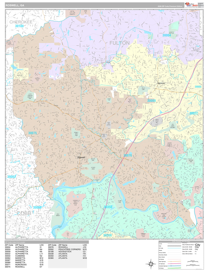 Premium Style Wall Map of Roswell, GA