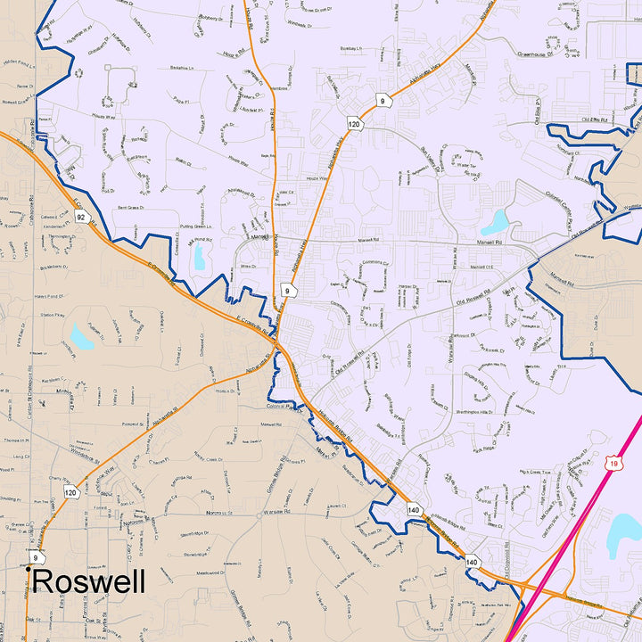 Color Cast Zip Code Style Wall Map of Roswell, GA