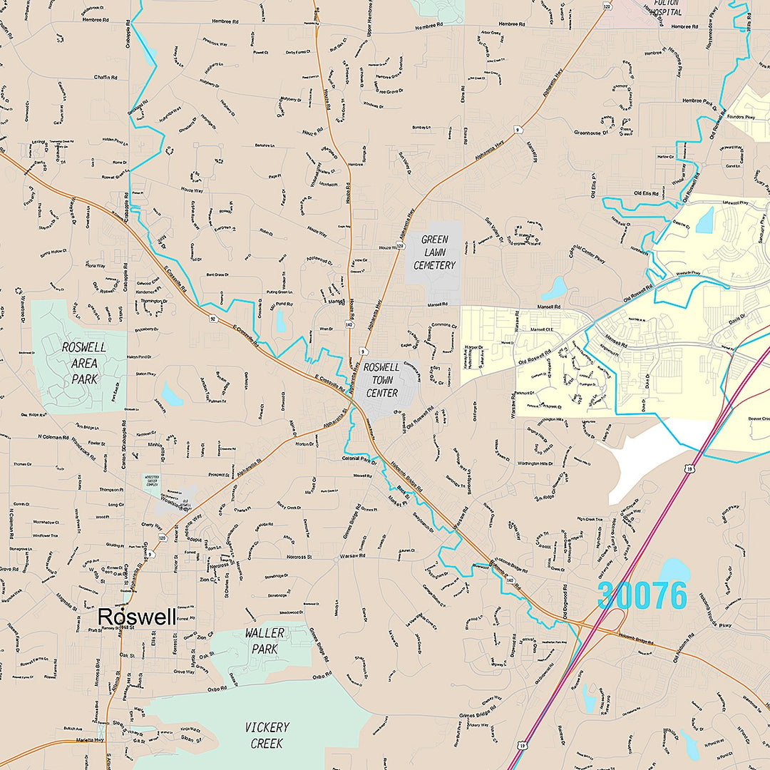 Premium Style Wall Map of Roswell, GA