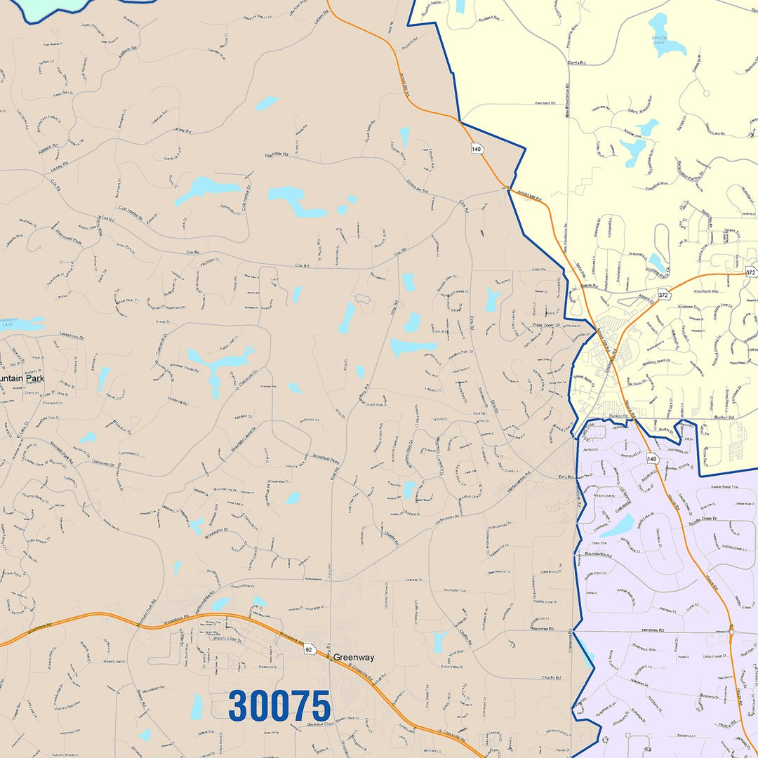 Color Cast Zip Code Style Wall Map of Roswell, GA