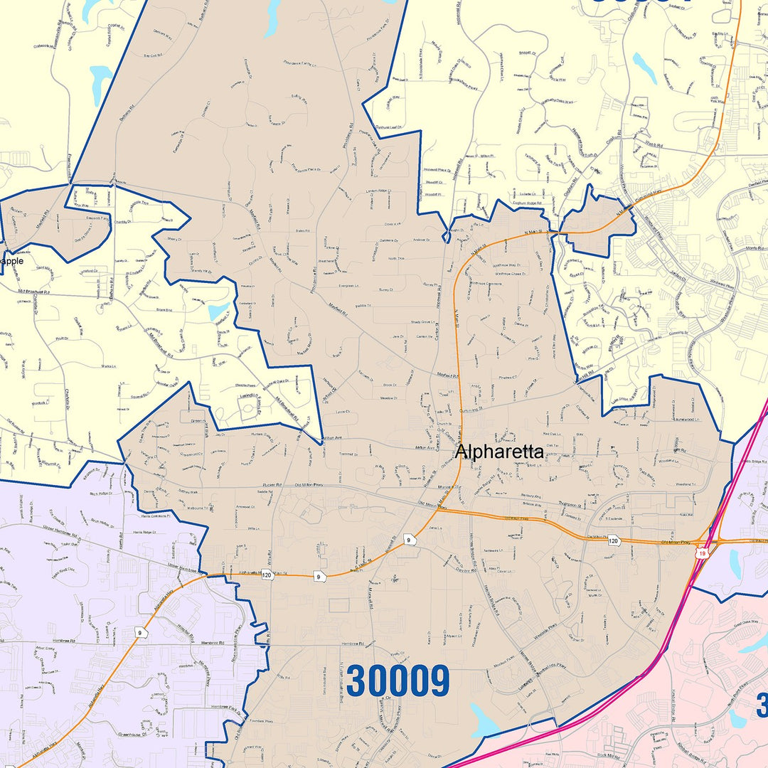 Color Cast Zip Code Style Wall Map of Roswell, GA
