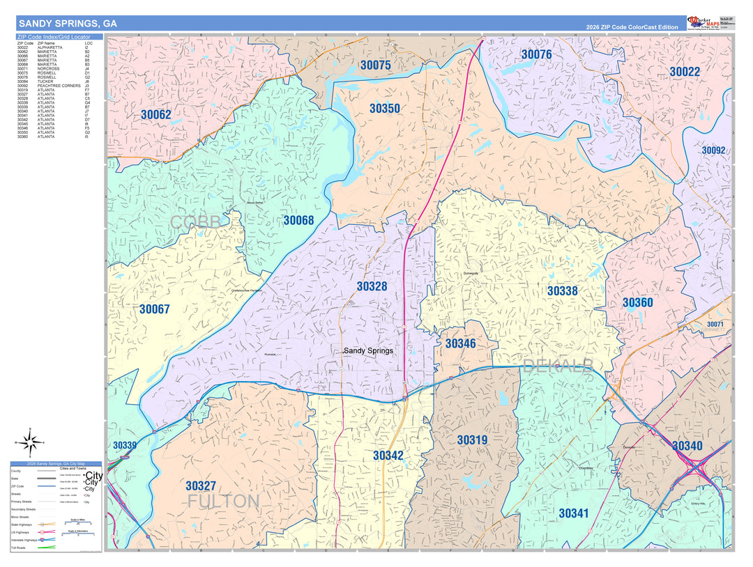 Color Cast Zip Code Style Wall Map of Sandy Springs, GA
