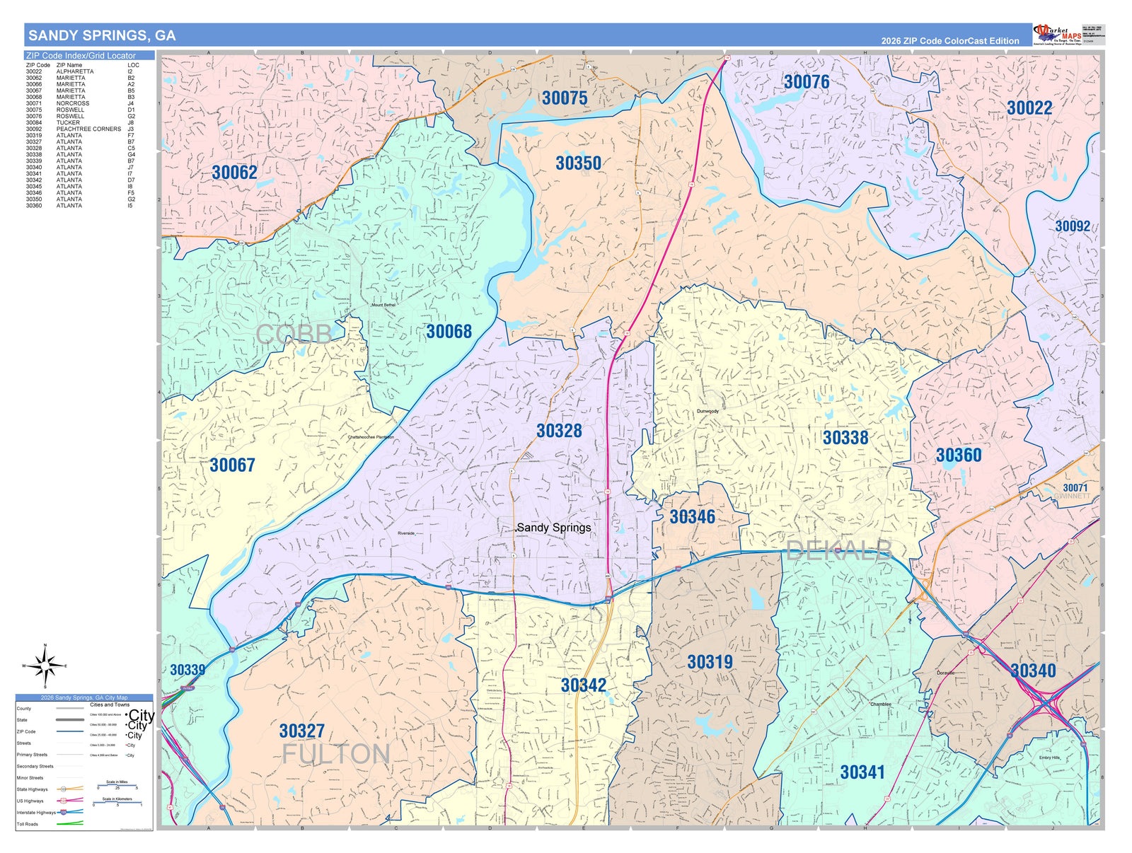 Color Cast Zip Code Style Wall Map of Sandy Springs, GA