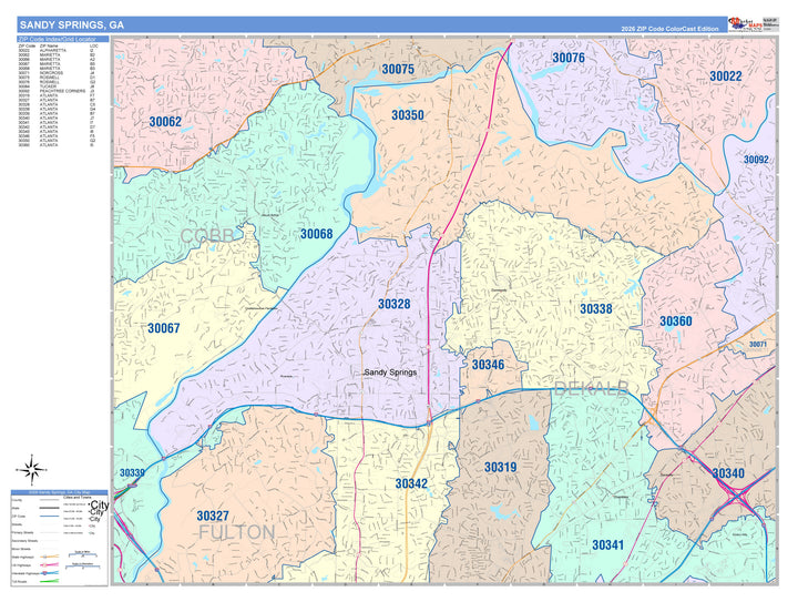Color Cast Zip Code Style Wall Map of Sandy Springs, GA