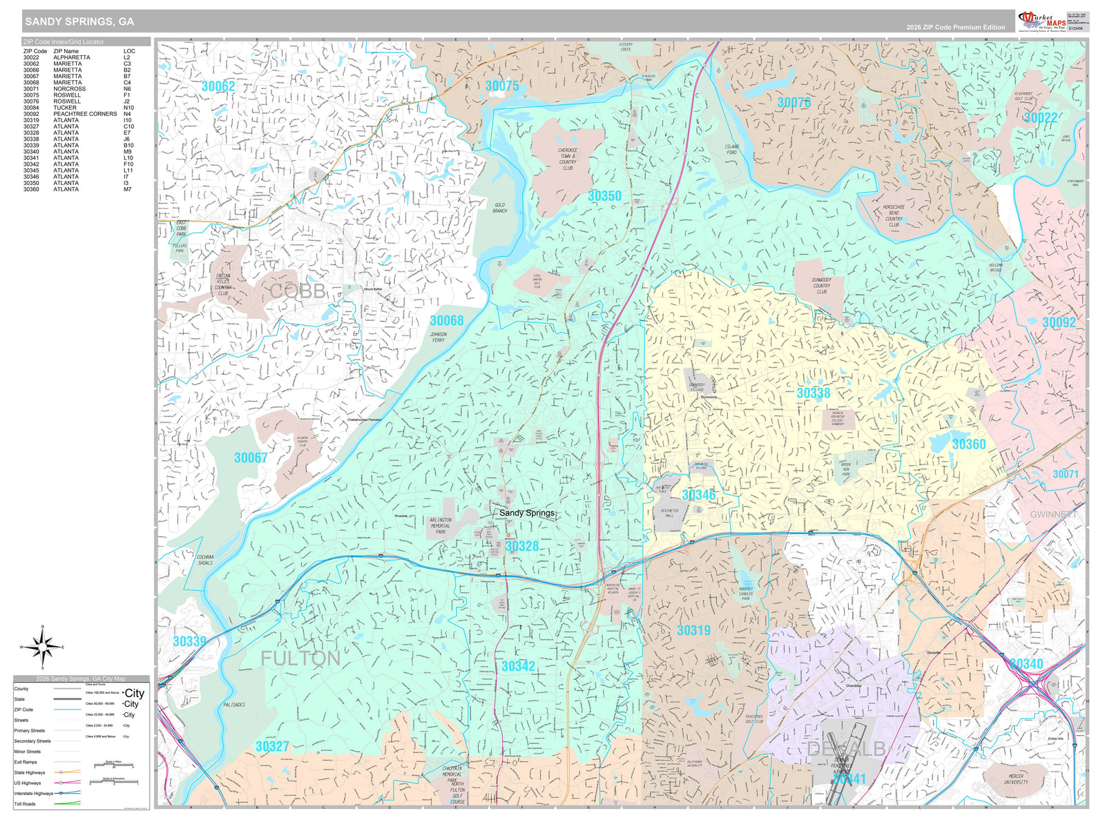 Premium Style Wall Map of Sandy Springs, GA