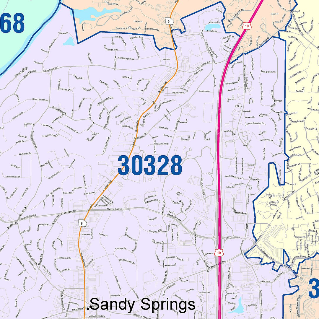 Color Cast Zip Code Style Wall Map of Sandy Springs, GA