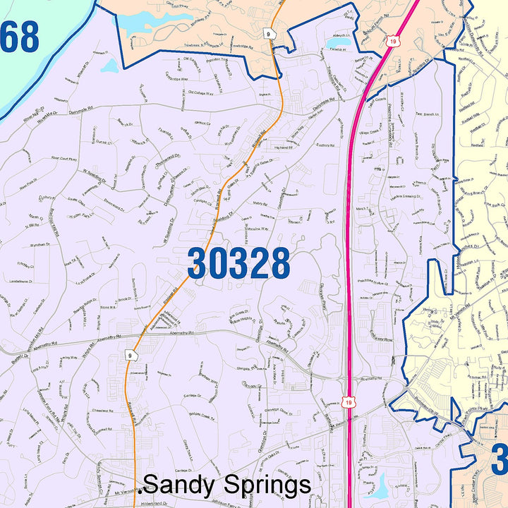Color Cast Zip Code Style Wall Map of Sandy Springs, GA