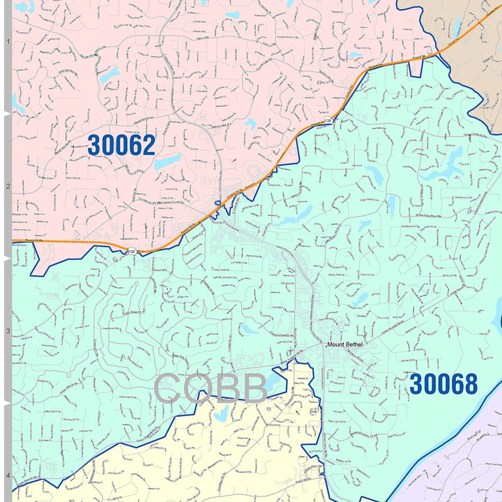 Color Cast Zip Code Style Wall Map of Sandy Springs, GA