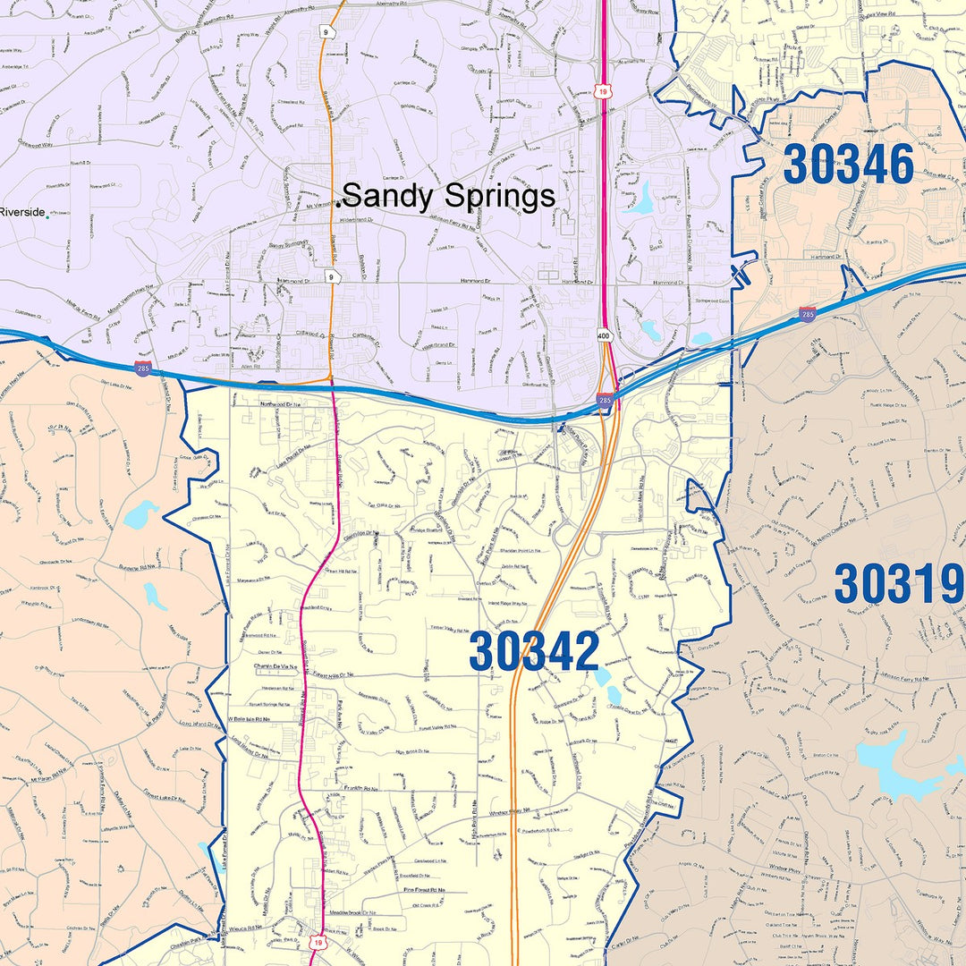 Color Cast Zip Code Style Wall Map of Sandy Springs, GA
