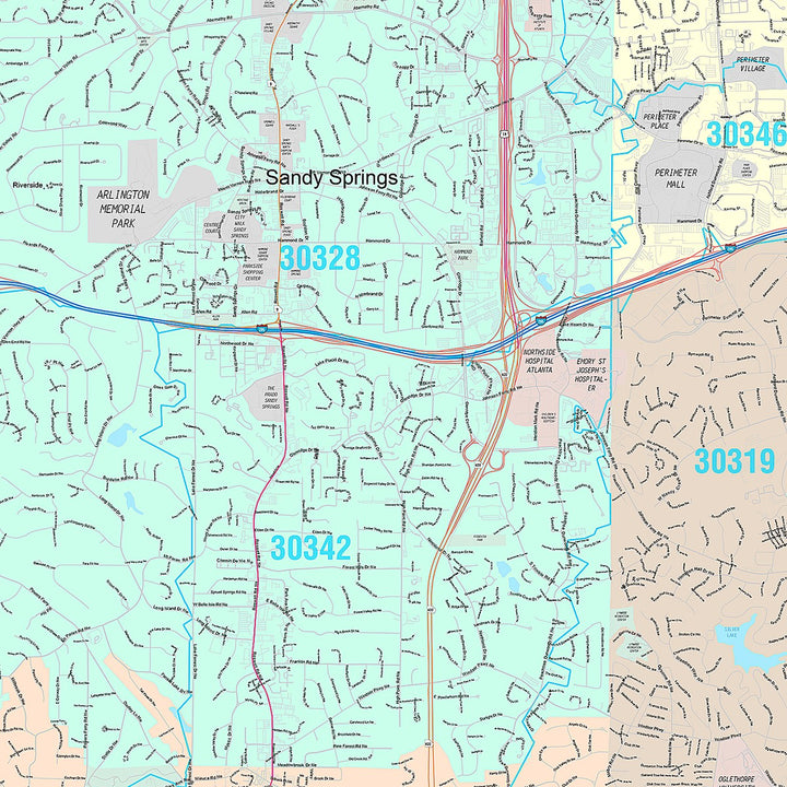 Premium Style Wall Map of Sandy Springs, GA