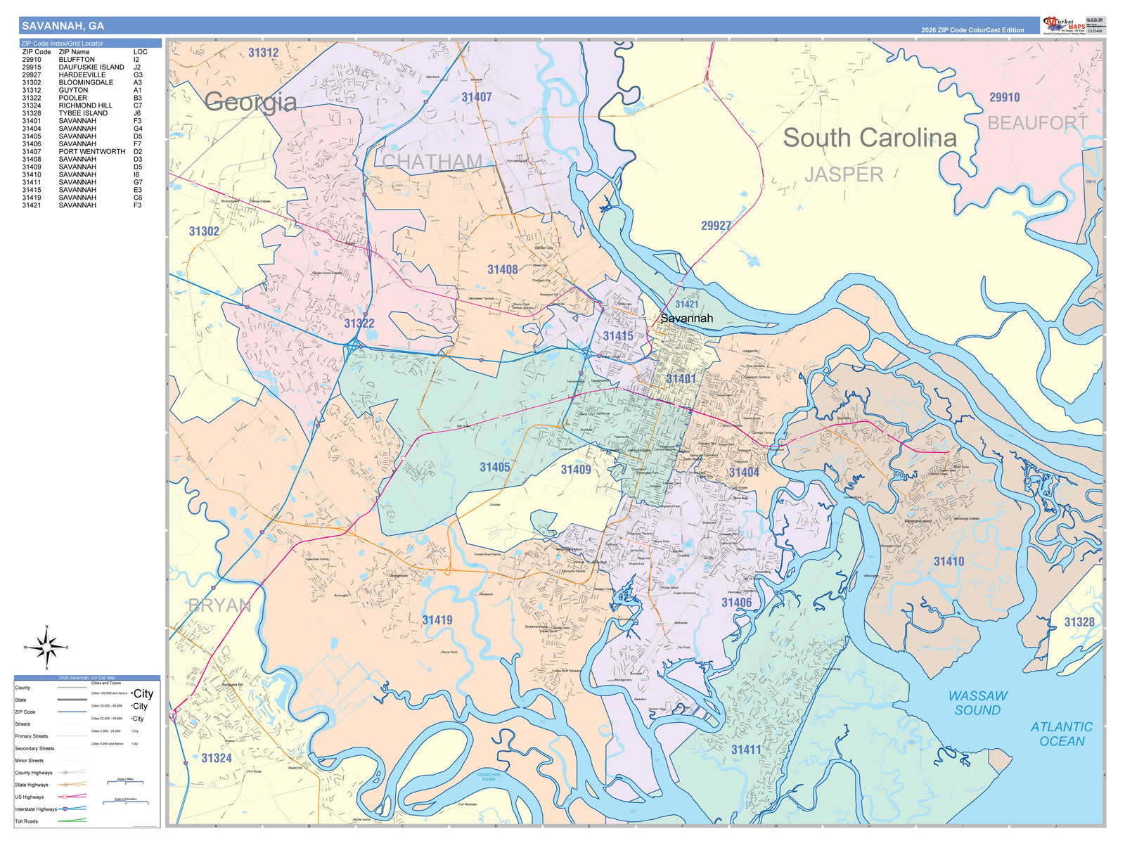 Color Cast Zip Code Style Wall Map of Savannah, GA