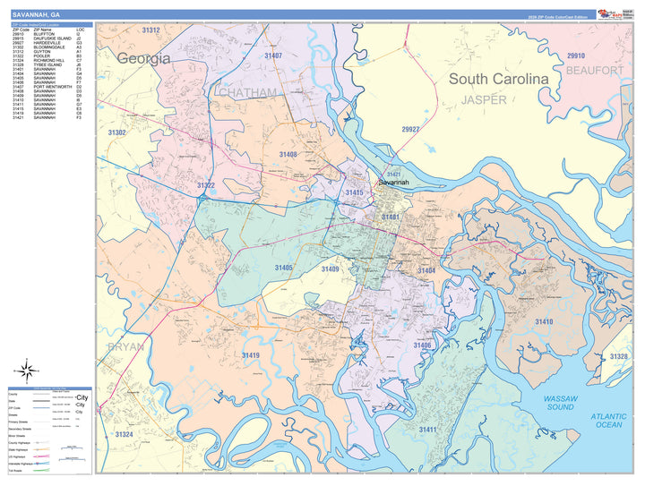 Color Cast Zip Code Style Wall Map of Savannah, GA
