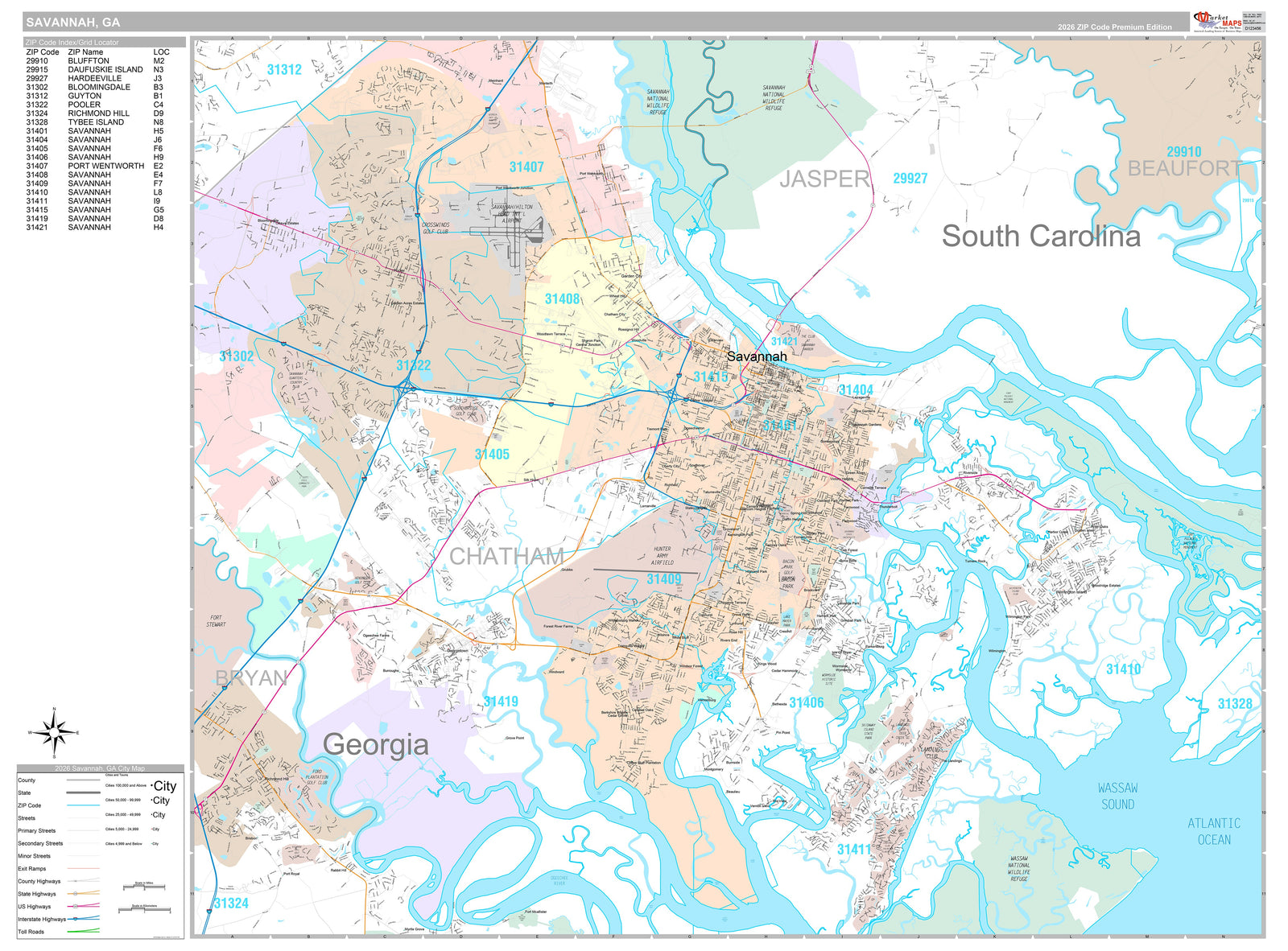 Premium Style Wall Map of Savannah, GA