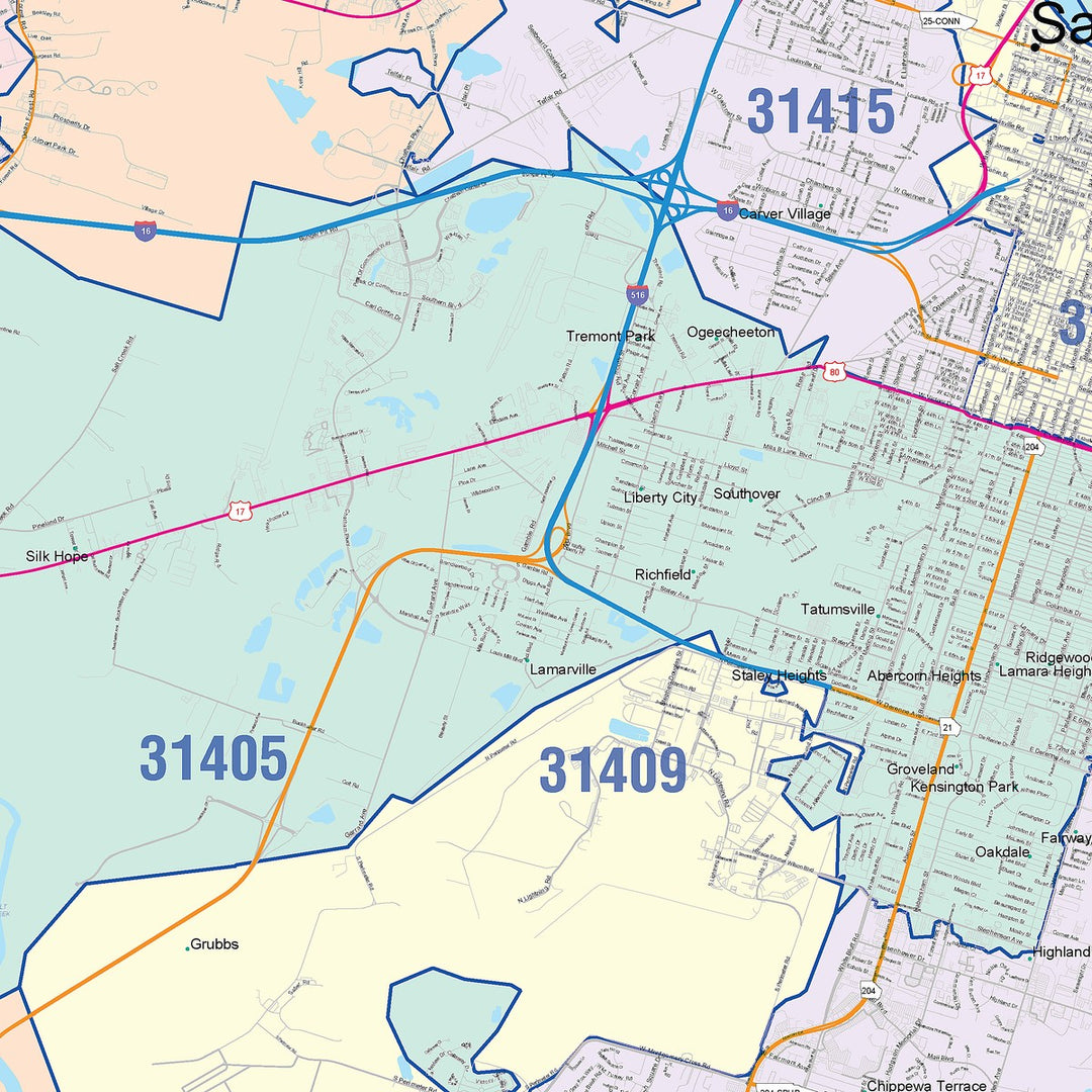 Color Cast Zip Code Style Wall Map of Savannah, GA
