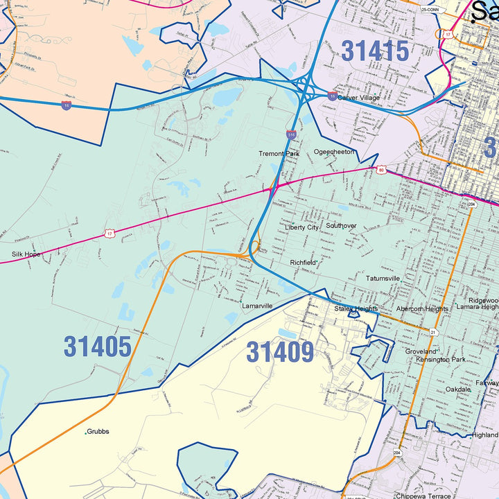 Color Cast Zip Code Style Wall Map of Savannah, GA
