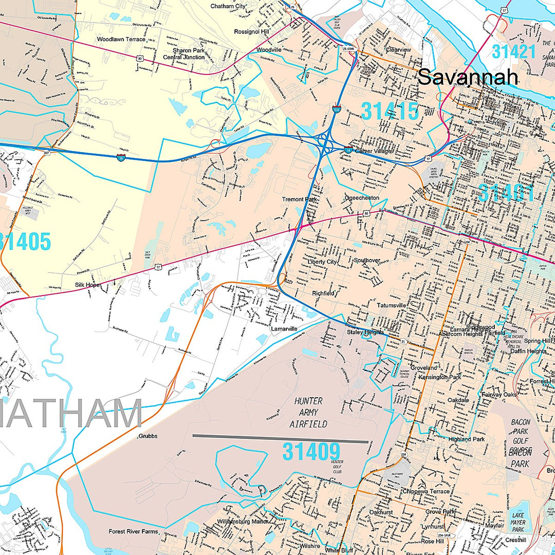 Premium Style Wall Map of Savannah, GA