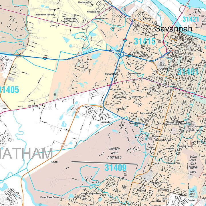 Premium Style Wall Map of Savannah, GA
