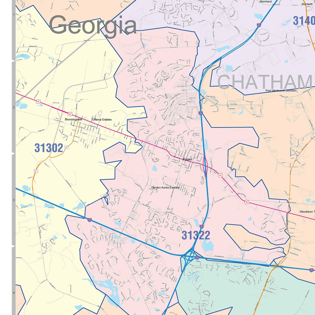 Color Cast Zip Code Style Wall Map of Savannah, GA