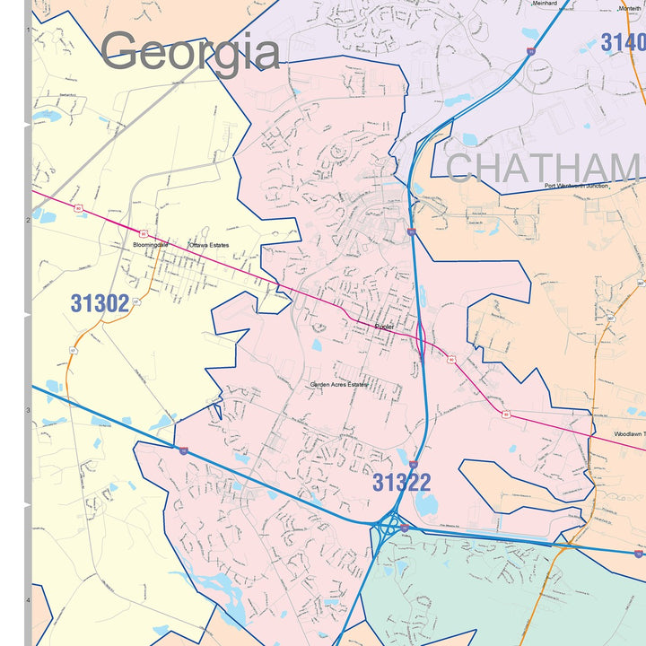 Color Cast Zip Code Style Wall Map of Savannah, GA