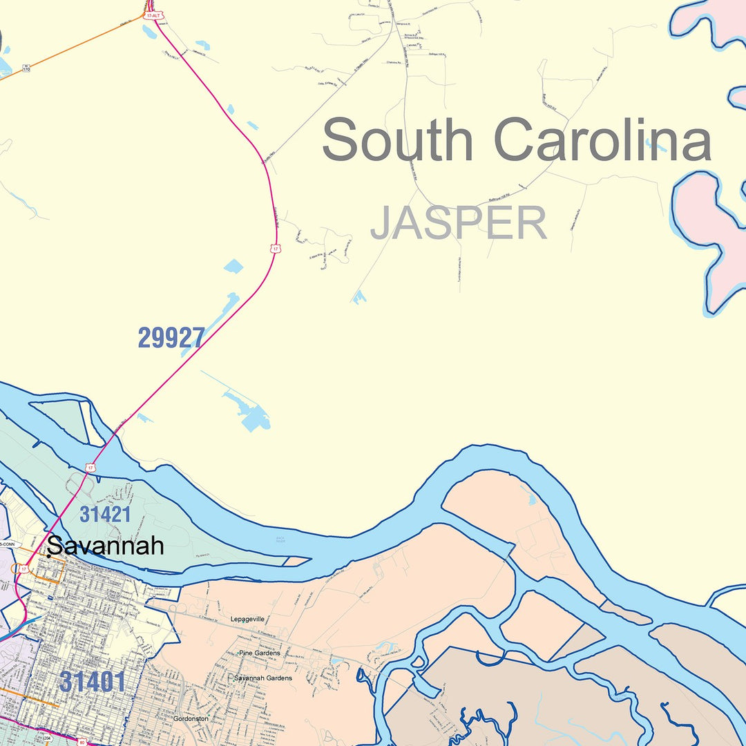 Color Cast Zip Code Style Wall Map of Savannah, GA