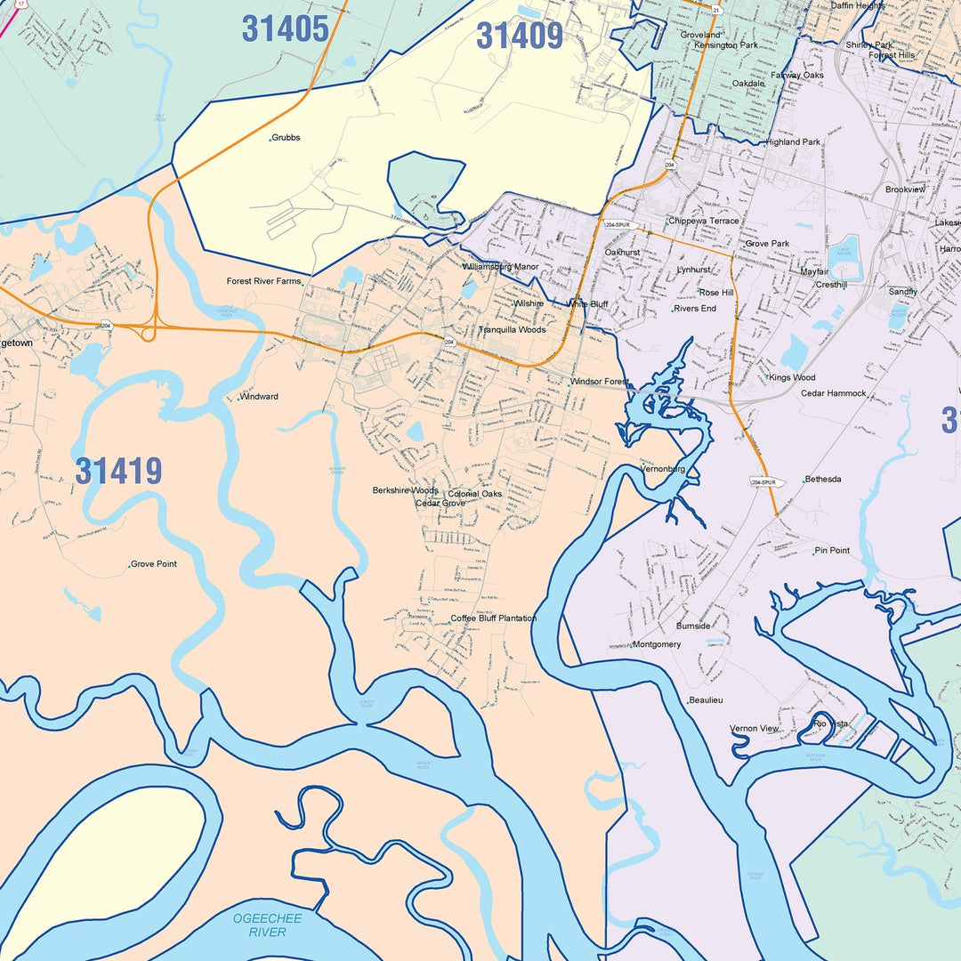 Color Cast Zip Code Style Wall Map of Savannah, GA