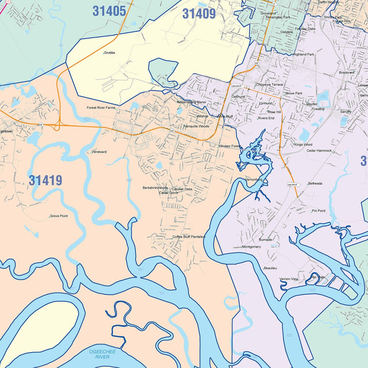 Color Cast Zip Code Style Wall Map of Savannah, GA