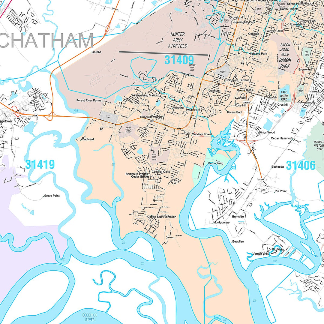 Premium Style Wall Map of Savannah, GA