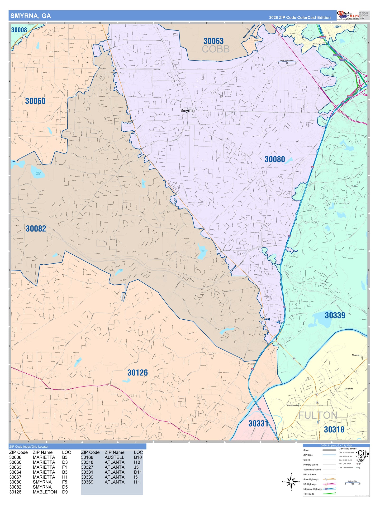 Color Cast Zip Code Style Wall Map of Smyrna, GA