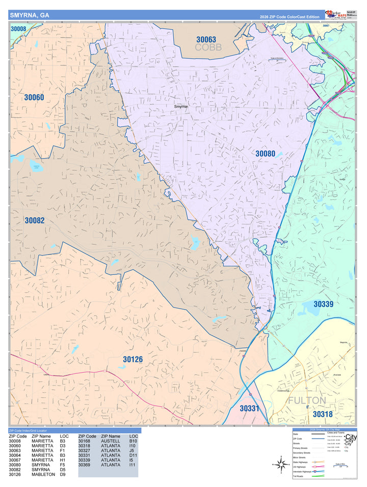 Color Cast Zip Code Style Wall Map of Smyrna, GA