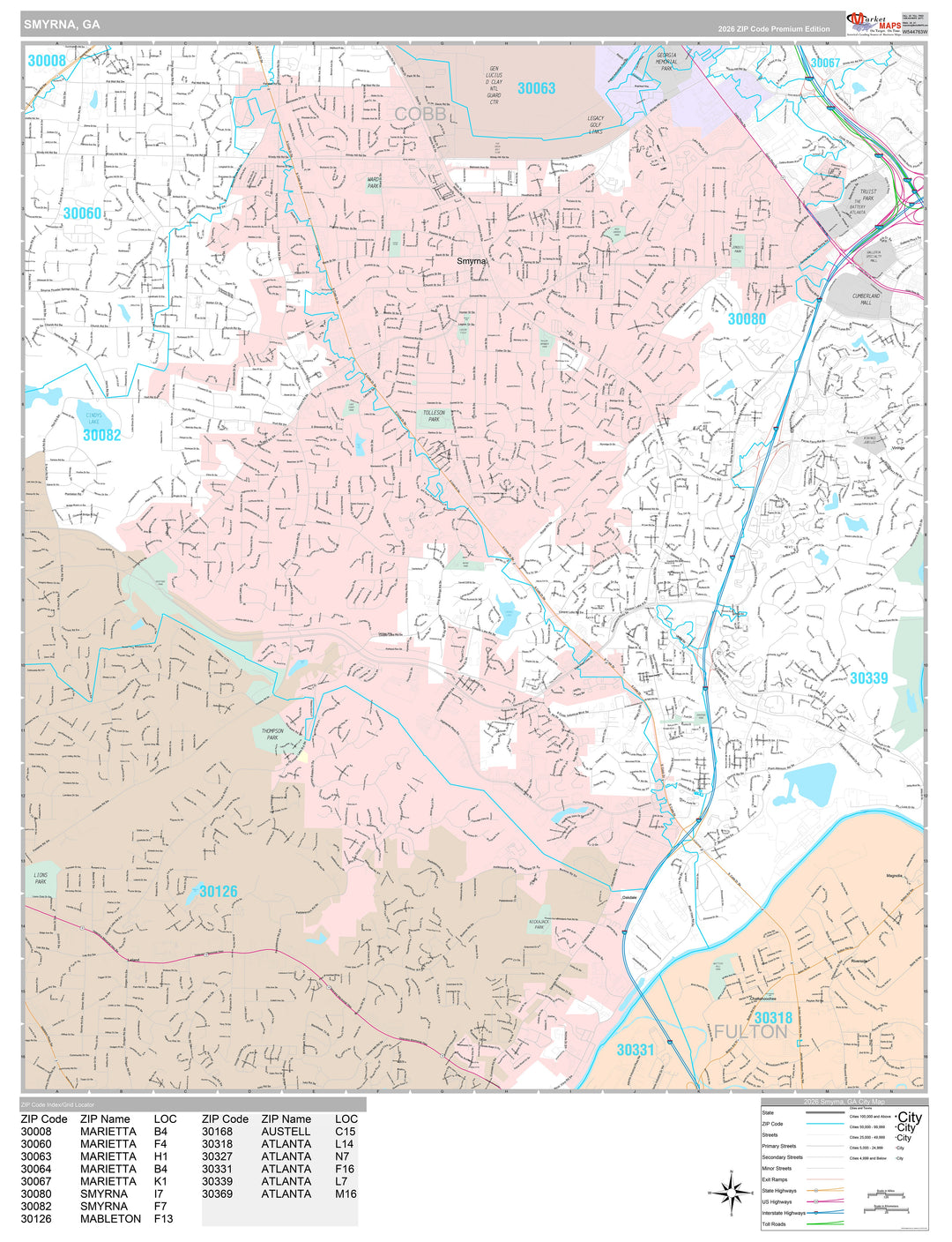 Premium Style Wall Map of Smyrna, GA