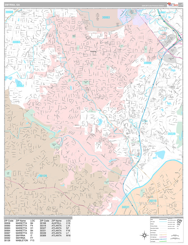 Premium Style Wall Map of Smyrna, GA