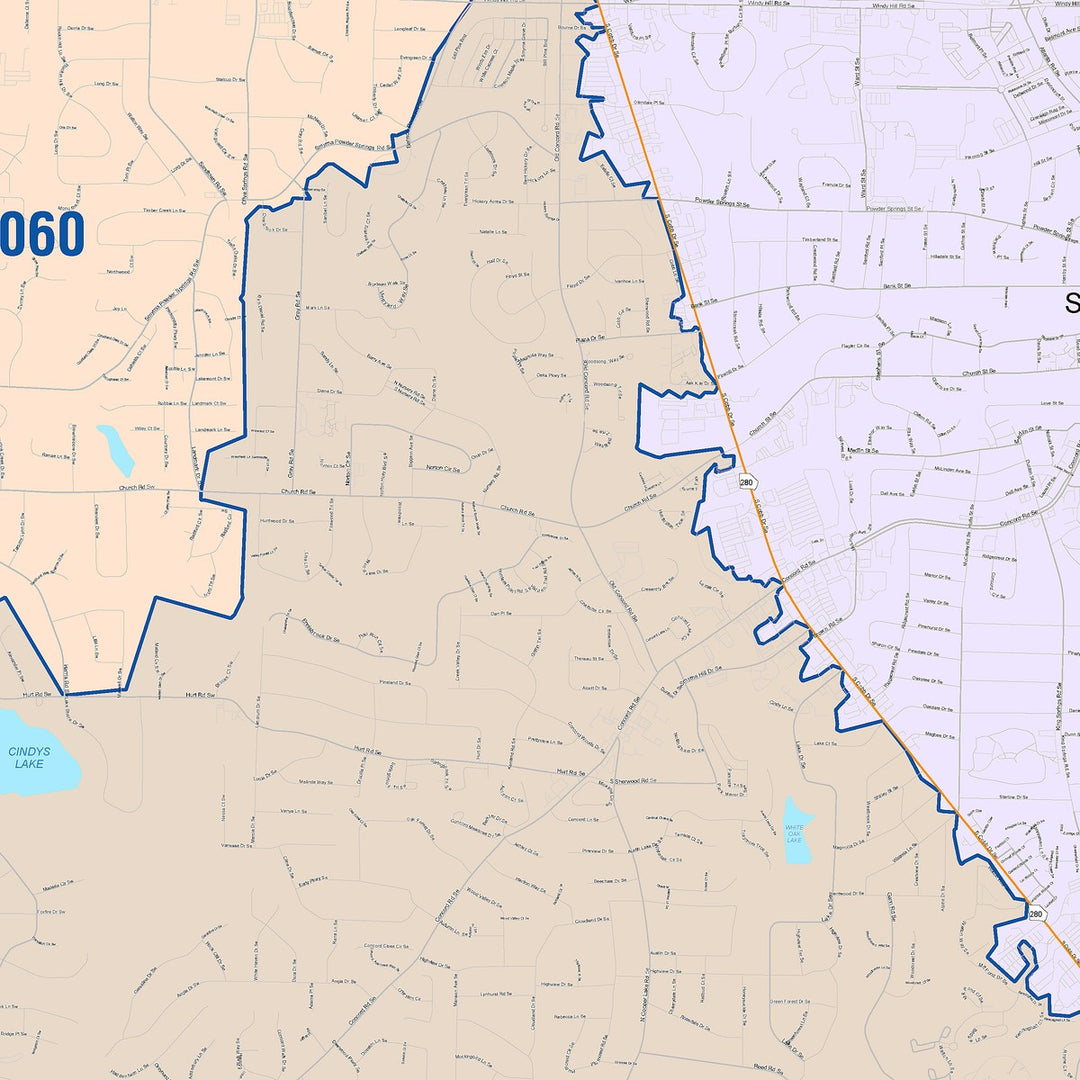 Color Cast Zip Code Style Wall Map of Smyrna, GA