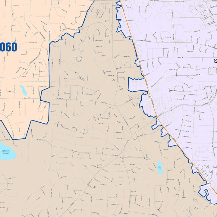 Color Cast Zip Code Style Wall Map of Smyrna, GA
