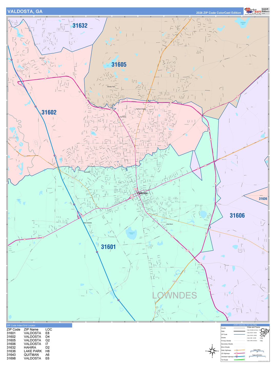 Color Cast Zip Code Style Wall Map of Valdosta, GA