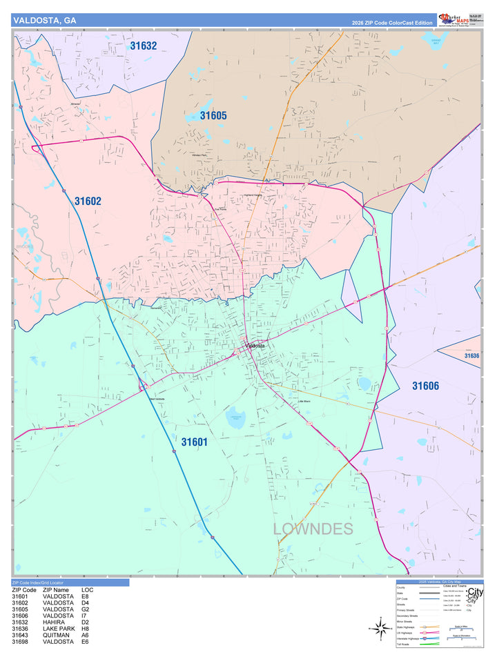 Color Cast Zip Code Style Wall Map of Valdosta, GA