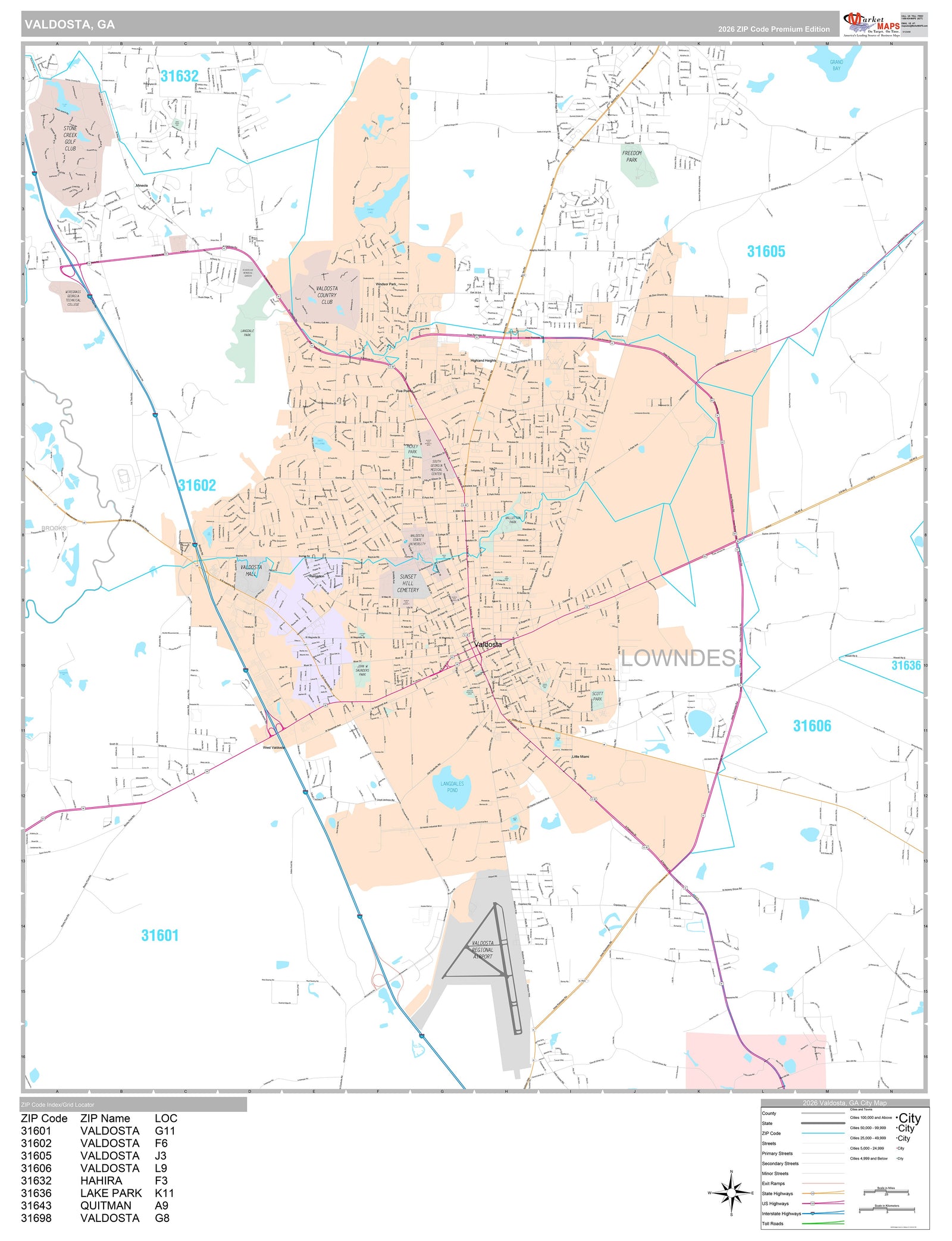 Premium Style Wall Map of Valdosta, GA