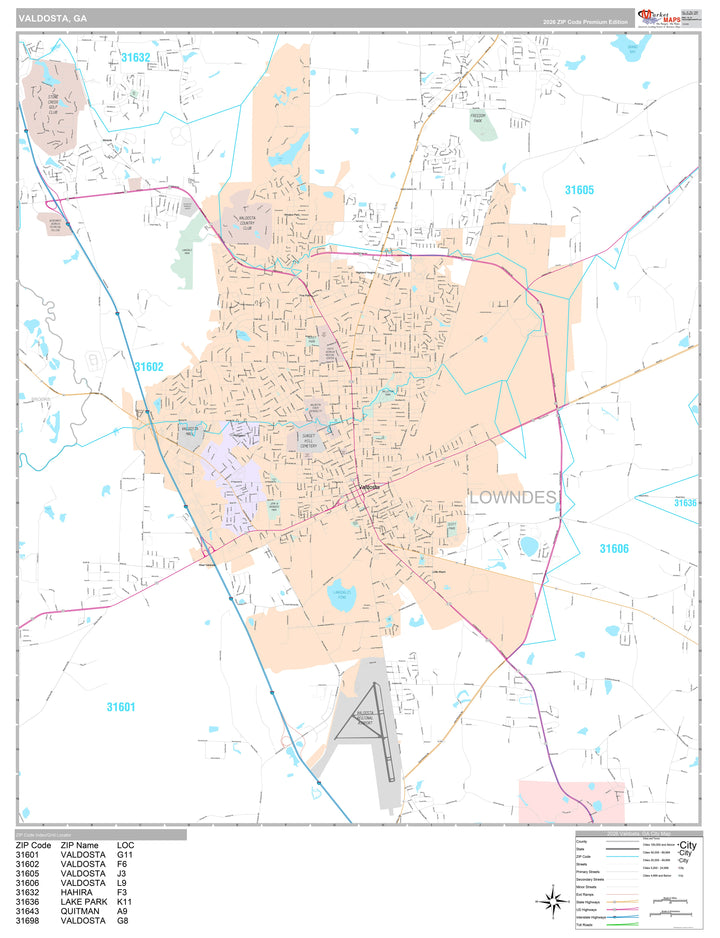 Premium Style Wall Map of Valdosta, GA