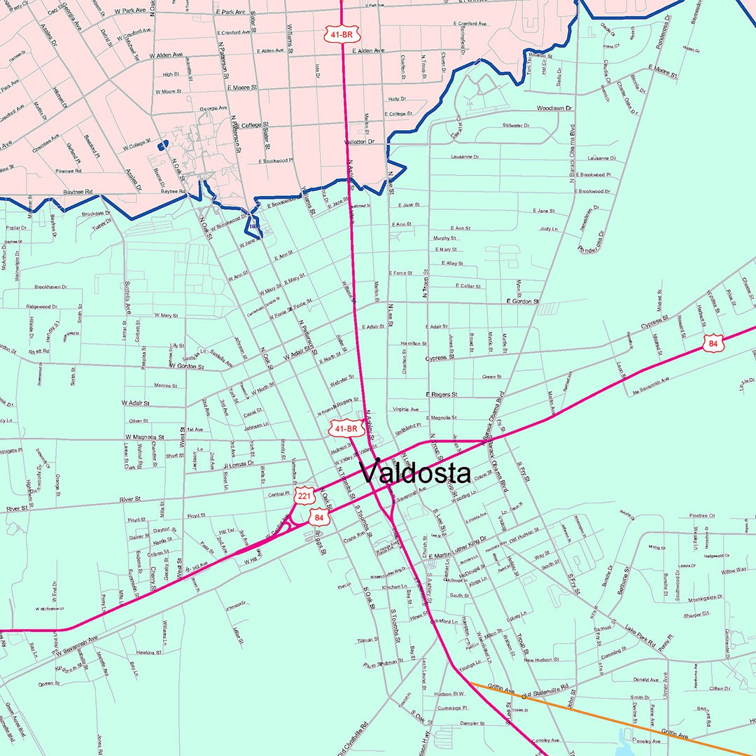 Color Cast Zip Code Style Wall Map of Valdosta, GA